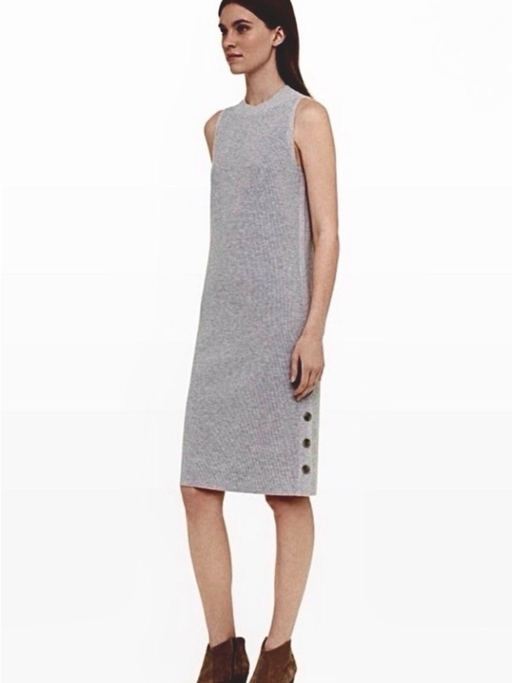 Club Monaco Sleeveless Grey Midi Knit Sweater Dress Side Buttons SZ S VGC $204